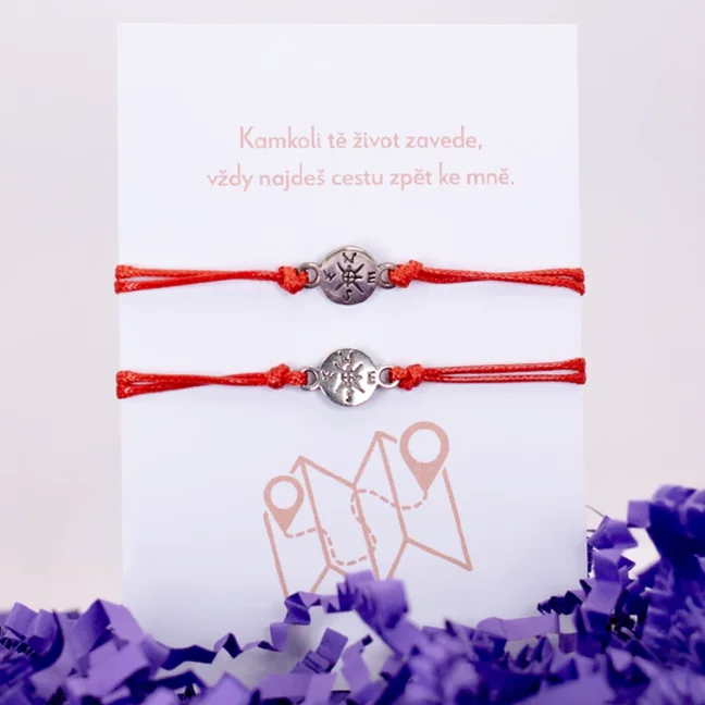 Provázkové náramky pro páry - KOMPAS MINI - Barva náramků: Červené