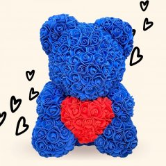 Macko z ruží 40 cm - modrý so srdcom
