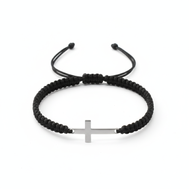 Pletený macrame náramek s křížkem - ČERNÝ
