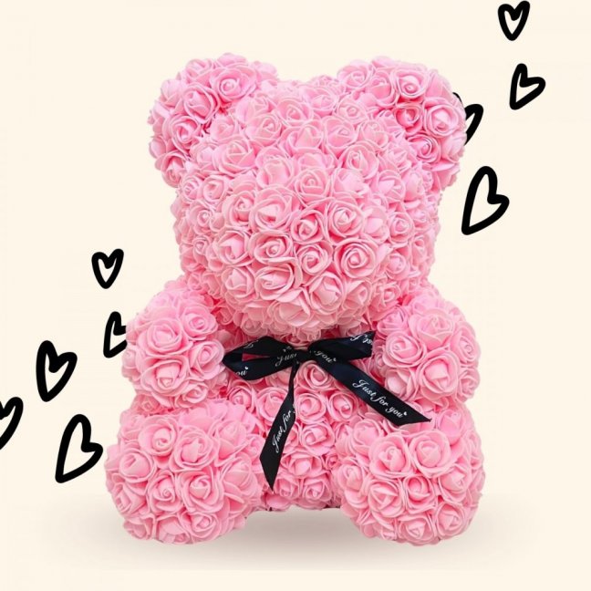 Medvídek z růží 40 cm - růžový