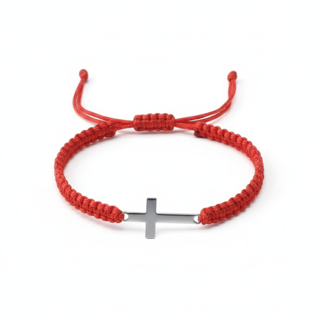 Pletený macrame náramek s křížkem - ČERVENÝ