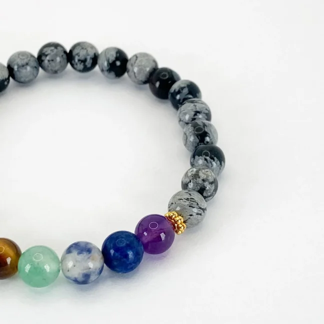 Náramek z minerálů - 7 čaker - Obsidián Vločkový