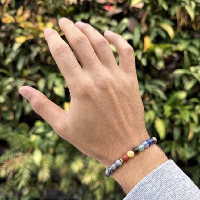 Náramek z minerálů - 7 čaker - Obsidián Vločkový