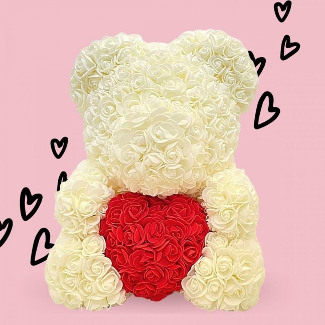 Medvídek z růží 40 cm - bilý se srdcem