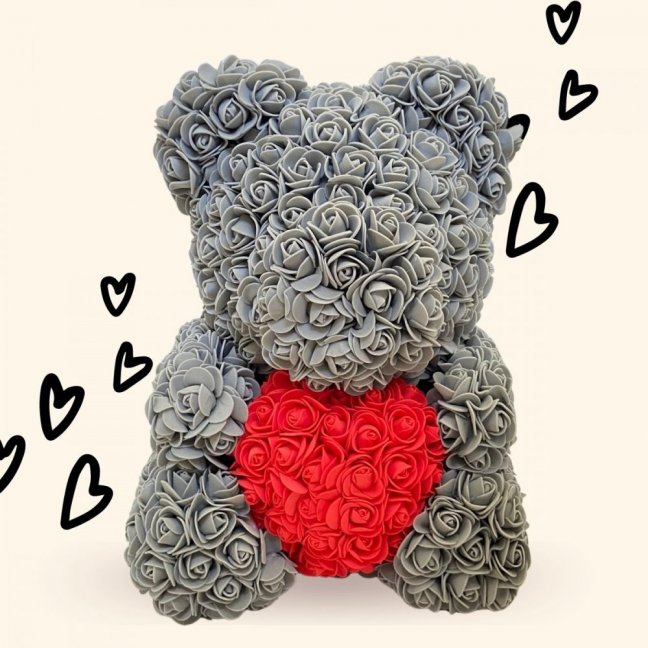 Medvídek z růží 40 cm - šedý se srdcem
