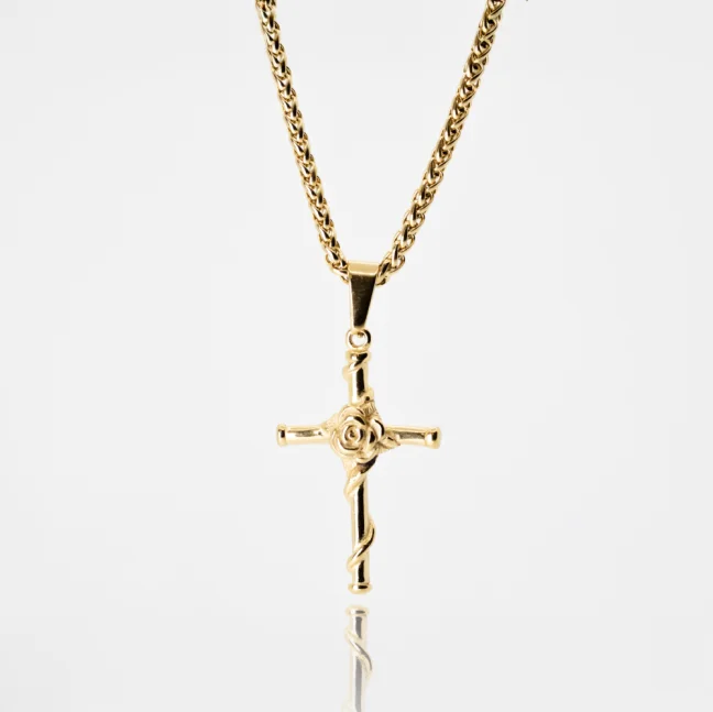 Retiazka z chirurgickej ocele -  ZLATÝ KRÍŽ S RUŽOU