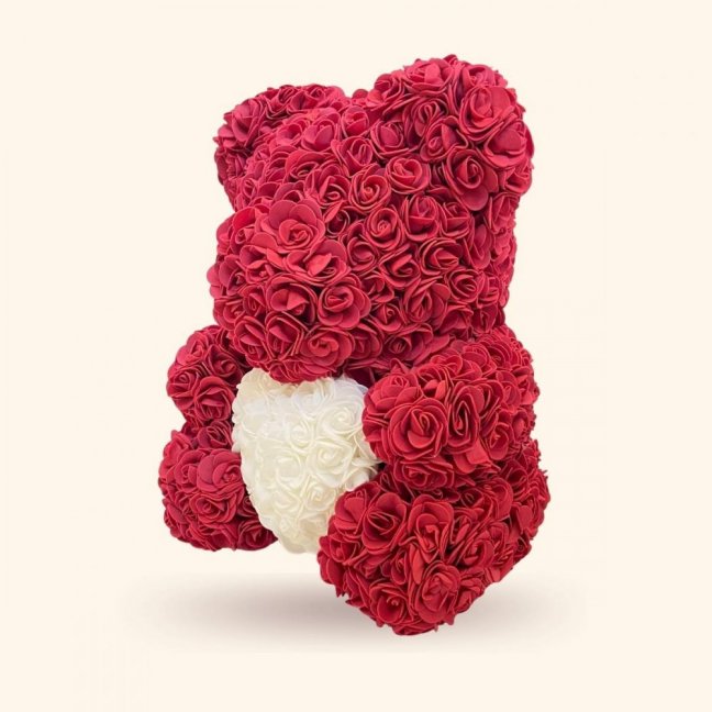 Medvídek z růží 40 cm - tmavě červený se srdcem