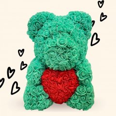 Medvídek z růží 40 cm - mentolový se srdcem